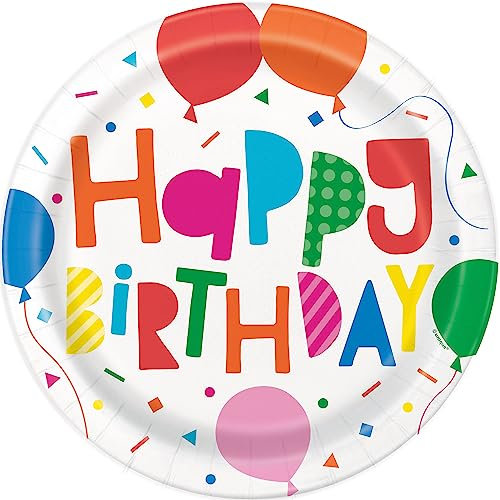 Unique- Assiettes en Carton Carrées Écologiques-23cm-Fête d'anniversaire à Thème Ballons Colorés-8 Pièces (Lot de 1), 74755EU, Multicolour, 23 Centimeters