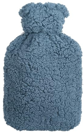 Premium Wärmflasche 2 Liter Naturgummi mit kuschligem Teddy Bezug mit extra Innenfutter und Reißverschluss, Bettflasche, Wärmeflasche - - neues Modell (Blau-Grau)