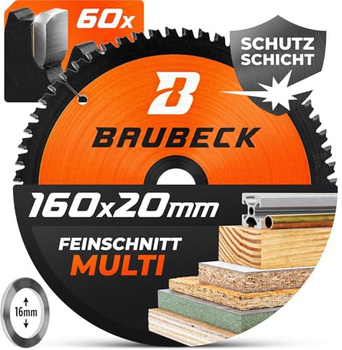 BAUBECK Multi Materiale Lama per sega circolare 160x20 - Disco sega circolare 160 per legno, alluminio e molto altro - Lama sega circolare 160 mm con anello di riduzione da 16 mm - Lama 160x16