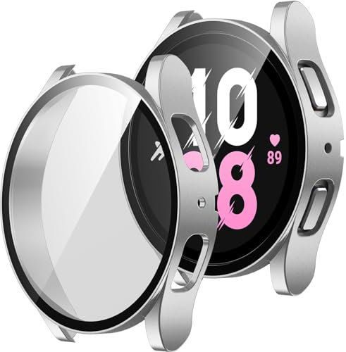 ZZDZZ 2 Stück Hülle Kompatibel mit Samsung Galaxy Watch 5/Galaxy Watch 4 40mm Schutzhülle mit Displayschutz, Hart PC Ultradünne Stoßfeste Gehäuse für Galaxy Watch 5/4 40mm (Silber/Transparente)