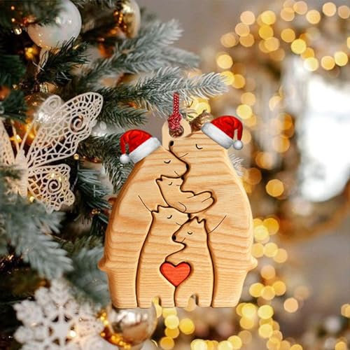 Drawelry Personalisierte Holzpuzzles Hängend Ornament mit 1-9 Familien Namen Puzzle Statue Weihnachten Dekoration Tier Holzhandwerk Bären Fuchs Skulptur Anhänger Weihnachts Deko Geschenk (Bäre)