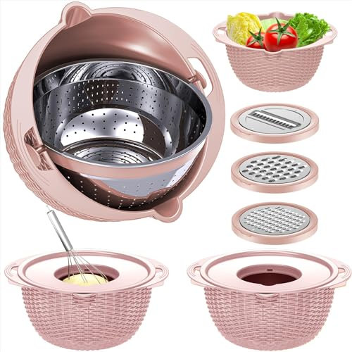 Set 4-1 scolapasta con ciotola, colino per pasta, colino per cucina, colino e colino, colino per riso, frutta, verdura, lavello, colino, utensile da cucina, colore: rosa