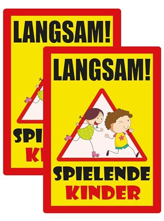 SL group - 2 Schilder Langsam! Spielende Kinder 20 x 30 cm aus extra stabiler PVC Kunststoff-Platte - Warnschild Vorsichtig hier Spielen Kinder - Achtung Spielstraße bitte langsam fahren Warnhinweis