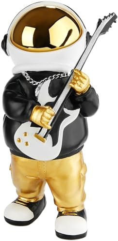 BRUBAKER Dekofigur Astronaut Gitarrist mit E-Gitarre - 24 cm Weltraum Figur mit schwarzem Hoodie und verchromten Helm in Gitarrensolo Pose - Handbemalte Statue - Gold, Schwarz und Weiß
