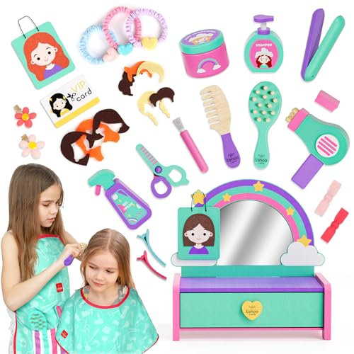 Lehoo Castle 32PCS Kinder Friseur Set für Mädchen, mit Frisiertisch, Barber Umhang, Apron, Fön, Haar Zubehör, Spiegel, Mädchen Rollenspiel, Frisierkoffer Spielzeug für 3 4 5 Jahre Geschenk