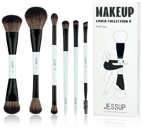Jessup Pinceaux Maquillages Lot de 6pcs Double Embout Pinceau de Maquillage Visage et Yeux Pinceau Fond de Teint,Fard à Paupières,Contour,Rougir,Souligner,Mélange,Sourcil Brosse,Cyan Vif T501