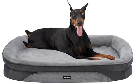 HMTOPE Orthopädisches Hundebett, Hundesofa, Vierseitiges Nackenrolle Kissen, rutschfeste Unterseite Hundekorb, Abnehmbar und Waschbar, Grosse Hunde, 122 x 90 x 19 cm, Hellgrau