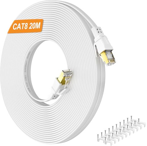Nowunke Cable Ethernet 20 Metros, Cat 8 Cable Internet Alta Velocidad Plano 20 metros Cable de Red 40Gbps 2000MHz, RJ45 Gigabit Blanco Blindado Cable Lan para Switch, Rúter, Módem, PC