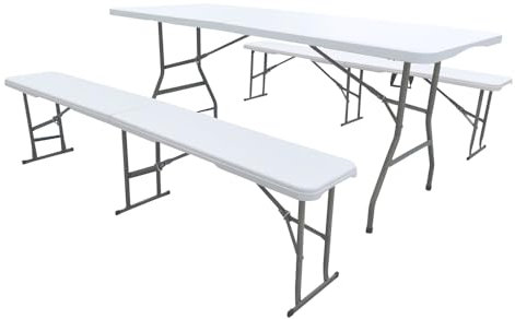 Set Da 3 Pezzi Tavolo + 2 Panche Pieghevoli Set Birreria Interno Esterno 180 Cm XXL 6/8 Per Feste Sagre Posti Maniglie Per Trasporto Giardino Campeggio Struttura Acciaio Impermeabile Uv Resistente
