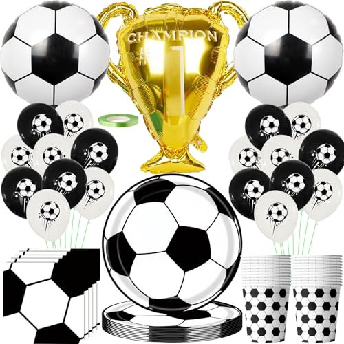 Juego de decoración de cumpleaños de fútbol, 80 unidades, vajilla de fiesta, juego de accesorios de fiesta, platos de papel de fútbol blanco y negro, globo, vasos, servilletas, cumpleaños infantiles,