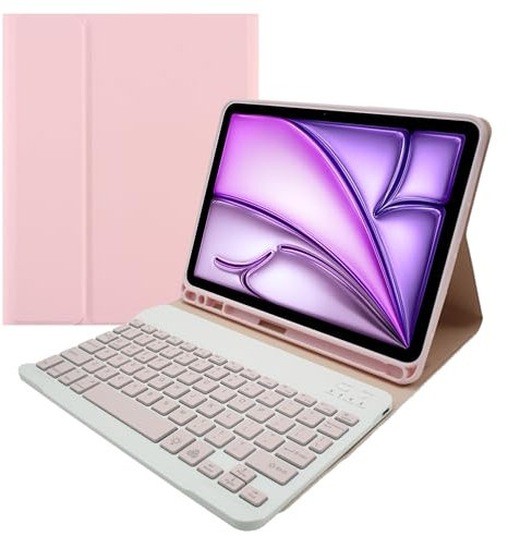 Étui avec Clavier pour iPad Air 11 M2 (2024), iPad Air 5Ème Gén (2022) / iPad Air 4Ème Gén 10,9 – Coque Arrière en TPU Souple avec Clavier Détachable Rétroéclairé 7 Couleurs,Rose