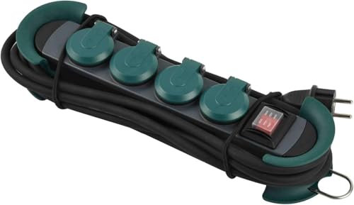 Electraline 92428 Bloc Multiprises Étanche Professionnel avec Enrouleur, 4 Prises avec Capuchon 16A Françaises, Câble en Caoutchouc H07RN-F 3G1.5 mm², Longueur 3M, IP44, Vert