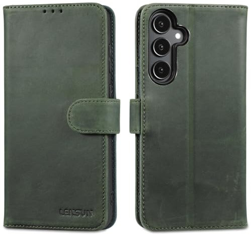 LENSUN Echtleder Hülle für Samsung Galaxy A55, Handyhülle [Echtes Leder][Kartenfach][Standfunktion] Handytasche Flip Lederhülle für Samsung Galaxy A55 5G - Retro Grün