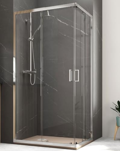 Mampara Ducha Rectangular Angular Corredera 2 Puertas 2 Fijos | Cristal 5mm Antical Transparente | Perfil Cromo 140cm (Adaptable 136,5-138,5cm) X 80cm