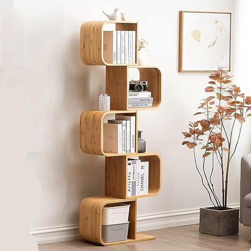 Libreria in bambù per piccoli spazi, a forma di S, a 5 ripiani, da pavimento, organizer per casa e ufficio