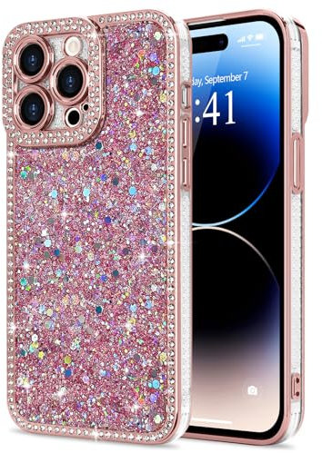 Lafunda for iPhone 14 Pro Case for Womens Girls, Luxury Bling Glitter Diamond Crystal Festival Shiny Case Camera Protection Shockproof Silicone TPU Phone Cover for iPhone 14 Pro 6.1, Pink