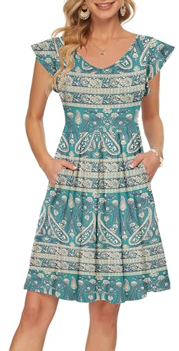 PLOKNRD Sommerkleid Damen V-Ausschnitt Midi Kleider mit Taschen Knielang Blütenblättern Kurzarm Freizeit Strandkleider Grün Böhmen L