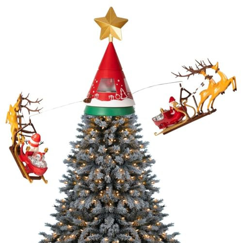 Shop SoftAir Decorazione Natalizia Rotante, Puntale Albero con Slitta, Renne, Babbo Natale, Luci e Musica, Crea Atmosfera Festosa