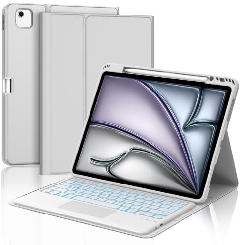 JADEMALL Für iPad Air 13 Zoll Hülle mit Tastatur - Mit 7-Farben Beleuchtung und Trackpad für M3 2025/M2 2024, Bluetooth Schutzhülle Kabellos, Pencil Halter, Premium, QWERTZ-Layout, Hellgrau