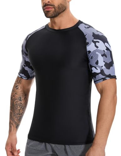 SLIMBELLE Rashguard Herren UV Shirt UPF 50+ Kurzarm Atmungsaktiv Surfen Angeln Wandern Badeshirts Top