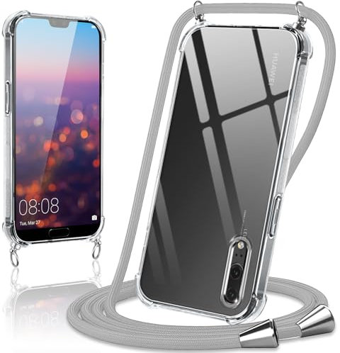 Coiwxmoi Coque avec Cordon pour Huawei P20 5.8, Collier Réglable Téléphone Étui Portable Lanyard Case Transparent Ultra Souple Silicone TPU Housse Antichoc Protection Cover pour P20, Gris