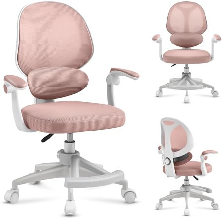 MARK ADLER Junior 4.5 | Ergonomischer Drehstuhl für Kinder & Jugendliche | Höhenverstellbar | Lordosenstütze | Klappbare Armlehnen | Schwerkraftrollen | Fußstütze | 360° Drehung | Rosa