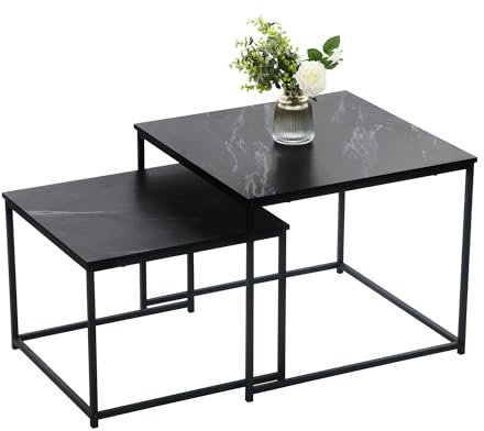 EUROSAKURA Beistelltisch 2er Set Schwarz mit Marmoroptik | Nestbare Quadratische Couchtische 60x60x50 & 50x50x40 cm | Ablagetische Modern für Wohnzimmer, Schlafzimmer