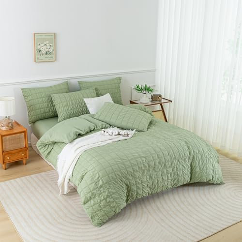 YASMENG Seersucker Bettwäsche 200x220 Grün Kariert Bettwäsche Seersucker Gitter Modern Bettwäsche 3 Teilig Weich Atmungsaktiv Mikrofaser Bettbezug Set mit Reißverschluss und 2 Kissenbezüge 80x80 cm