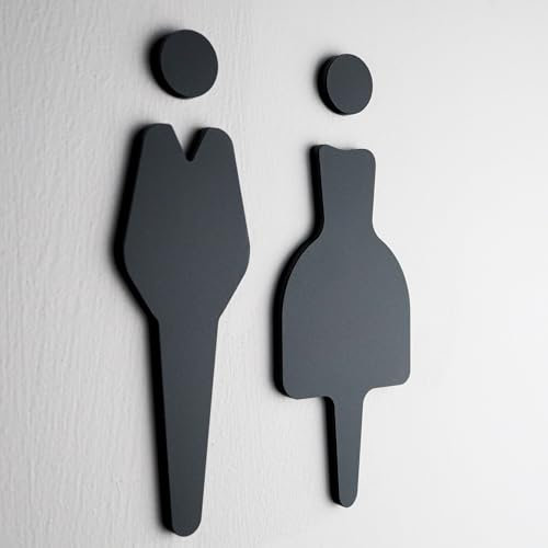 Premium Toilet Sign, Texture Stone Acrylic - Man Women Symbol, Modern, Self-Adhesive, Waterproof, Bathroom - Restroom Decor, Door - Wall Mount (by NOIR.DESIGN® (Black, 12X 8.7cm)