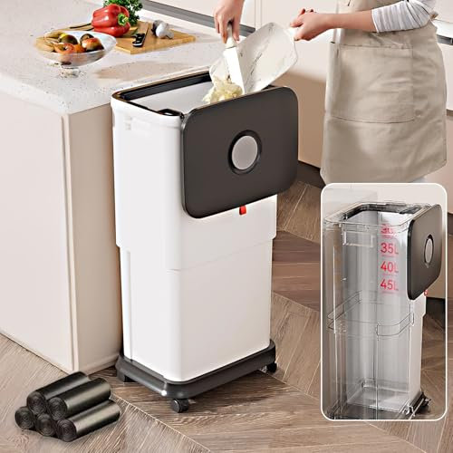 Kitchen Trash Can with Lid, 45L New Liftable Garbage Can, Modern Slim Kitchen Bin with Wheels and15 Bin Liners, Plastic Trash Can for Bathroom,Bedroom, Living Room,Office(White)