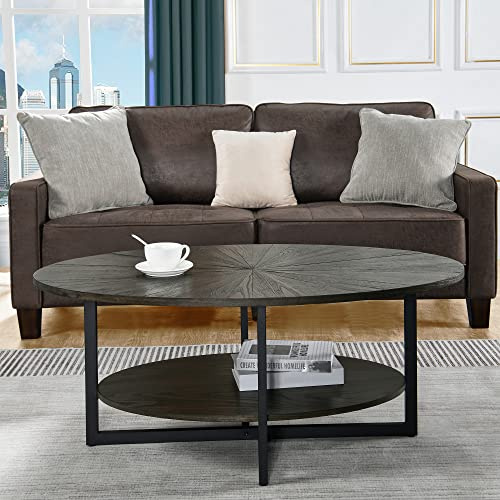 Massivholz Couchtisch rund für 2 Etagen, Ovaler Couchtisch im Modern-vintage Stil, Massivholzplatte & Kreuzförmige Eisenbeine, Kaffeetisch, Wohnzimmertisch, 110 x 66 x 45.5 cm, einfache Montage, BK