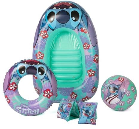 Set da nuoto gonfiabile Stitch, fasce da braccio, salvagente, palla da spiaggia e barca gonfiabile, set portatile per vacanze, piscina, spiaggia, festa estiva in piscina per bambini, dai 3 anni in su