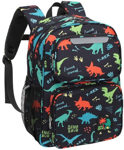 Bagseri Kinder Rucksack für Jungen - Dinosaurier Kinderrucksack für Kinder 3 bis 8, Vorschule Kindergartenrucksack mit isolierter Tasche, Schulbuchtasche für Grundschulklassen 1-2, schwarz