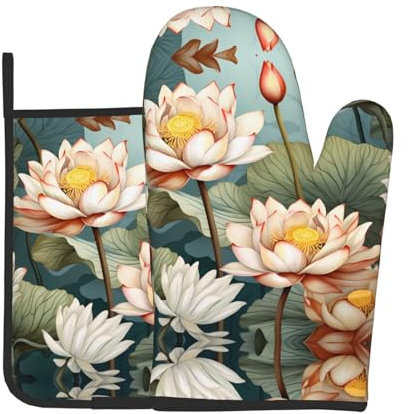 Lotus in the pond - Set di 3 guanti da forno con presine, adatti per microonde, friggitrice ad aria, cottura al forno, grigliate