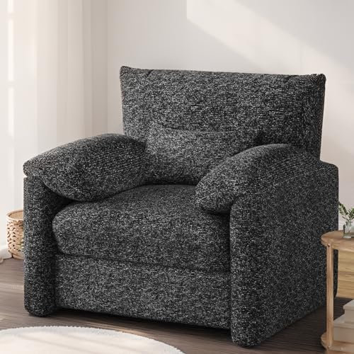 YODOLLA Fauteuil Salon, Chaise Ergonomique, Fauteuil Relax avec Accoudoirs et Coussin, Chaise Longue Surdimensionnée en Tissu 92x75x92cm, Canapé Confort pour Salon et Chambre à Coucher Noir