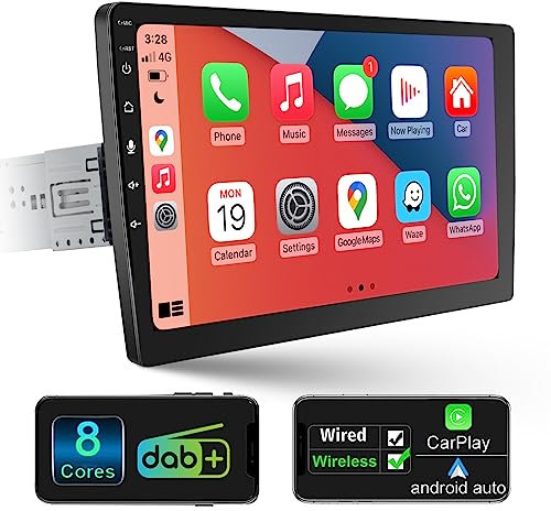 Android 1 DIN Wireless Carplay Android Autoradio Touch Display Eingebaut DAB+, 10,1 Zoll HD Abnehmbares Bildschirm Autoradio mit Navi, WiFi 4G GPS AM/FM RDS Rückfahrkamera ,8 Core 2G+32G