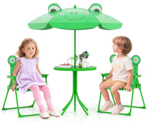 COSTWAY Table de Pique-Nique Enfant en Motif Grenouille avec Parasol Amovible & Réglable, Table de Jardin Extérieur avec 2 Chaises Pliantes, Mobilier d’Activités pour Jardin Terrasse Patio, 3-6 Ans