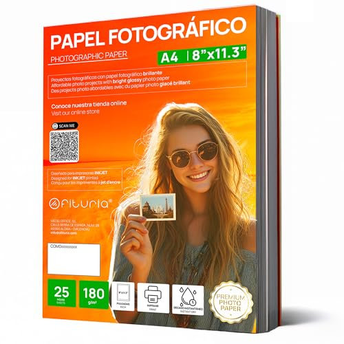 OFITURIA Papel Fotográfico A4 Brillante – Alta Resolución, Secado Instantáneo, 180 g/m², Compatible con Impresoras Inkjet – Papel Fotográfico y Photo Paper para Fotos y Uso Profesional (25 hojas)