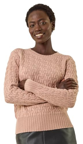 Roman Originals Cable Knit Crew Jumper for Women UK - Ladies Everyday Autumn Winter Comfy Soft Evening Vacation Work Party Night Out - Neutral - Size 18 Grey