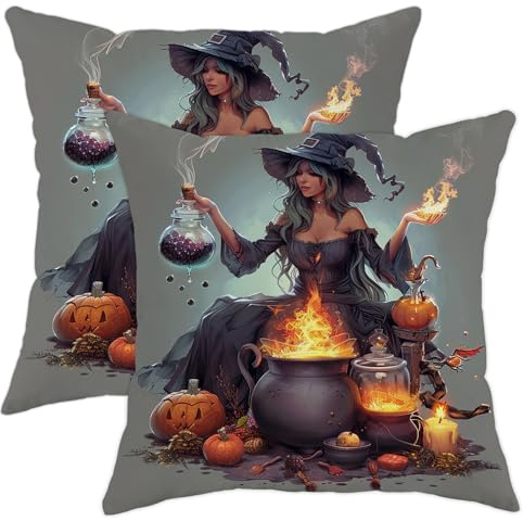 Kissenhülle Halloween Wicca Hexe Aquarell Witchy Cartoon Anime Atmungsaktiv Kissenschoner Quadratisch Pillow Cover Für Büro Kissen Dekokissen 2Er-Set