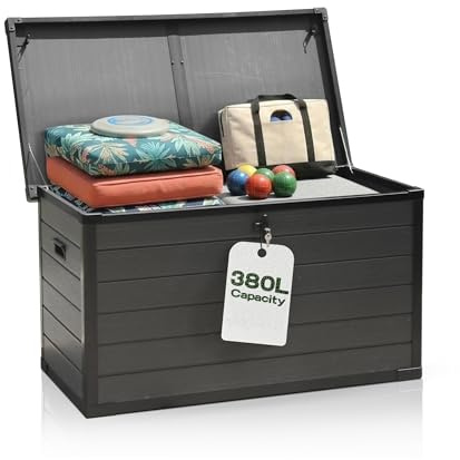 Olsen & Smith 380L Large Garden Storage Box - Weather Resistant Heavy Duty Garden Box with Padlock & Wood Effect - Huge Capacity Outdoor Storage Chest for Tools, Cushions, Toys & More (GREY)