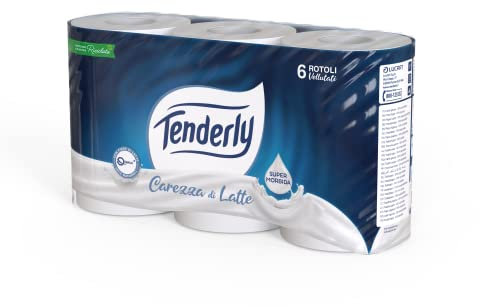 Tenderly Carezza di Latte, 6 Rotoli di Carta Igienica Morbidissima 2 Veli, 250* Strappi per Rotolo, Realizzata con Fibre 100% Naturali di Latte, Made in Italy