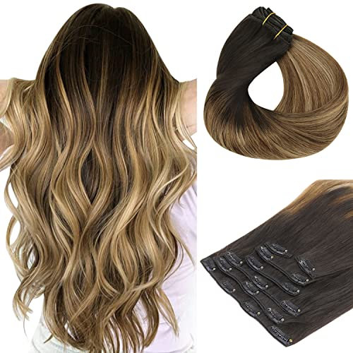hotbanana Clip In Extensions Echthaar, Dunkel Braun bis Chestnut Braun und Dirty Blonde Highlights Clip In Echthaar Extensions Günstig Haarverlängerung Remy Hair Extensions 40cm 120g 7 Stück