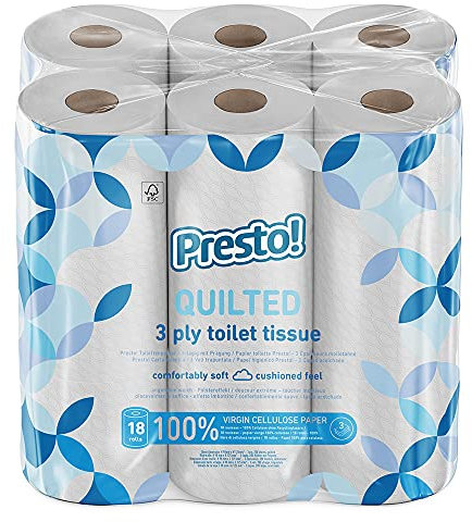 Amazon Brand - Presto! Toilet Roll, 3-ply Quilted, Velvety Soft, Unscented, 18 Rolls (1 Pack of 18), 200 Sheets per Roll, 3600 Count, FSC Certified