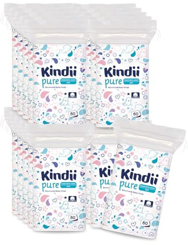 Kindii Pure Baby Pads - Baby Wattepads (60 Stück), 100% Baumwolle - Große quadratische Pads für empfindliche Haut - Ersetzt Feuchttücher - Weich - weiche Kanten - kein Ausfransen