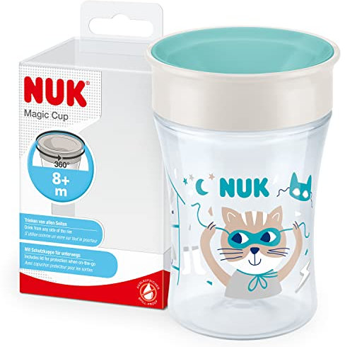 NUK Magic Cup vaso antiderrame bebe | Borde a prueba de derrames de 360° | +8 meses | Sin BPA | 230 ml | Gato (azul) | 1 unidad