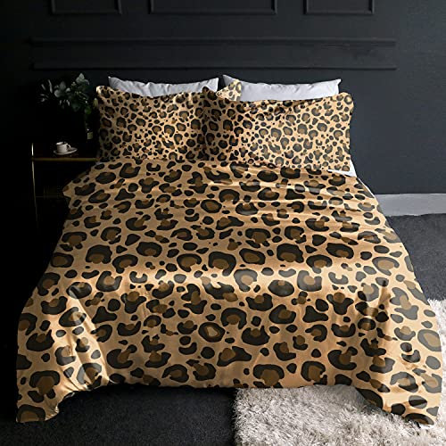 BlessLiving Leopard Animal Satin Bedding Trendy Stylish Wild Safari Silky Duvet Cover Women Black and Gold Leopard Spots Pattern Bedspreadsfor Adults Women (3 Piece, Double)