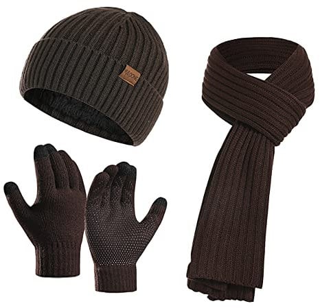 YULOONG Winter Beanie Mütze Schal Touchscreen Fahrhandschuhe für Herren Damen Rippstrick 3 in 1 Set Braun