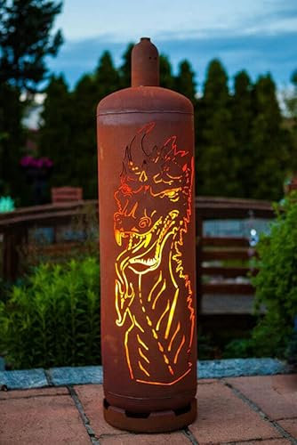 Feuerdrache 125cm Gasflasche Drache Feuersäule Feuerkorb Edelrost Gartendeko Rost Metall von Steinfigurenwelt