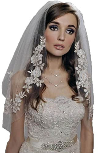 SINLOV Brautschleier, 2-stöckig, Spitze, Hochzeitsschleier mit Kamm, weicher Tüllschleier, Taillenlänge, Schleier für Bräute (Elfenbein), elfenbeinfarben, Einheitsgröße